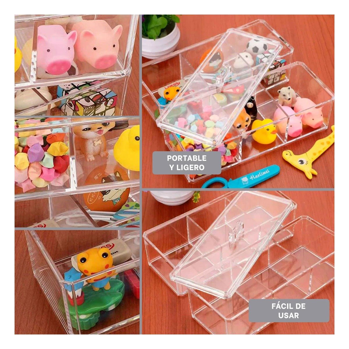 PACK4 COFRE DE ACRILICO 2 PISOS TRANSPARENTE CON 6 COMPARTIMIENTOS Y+REGALO STICKER - 2