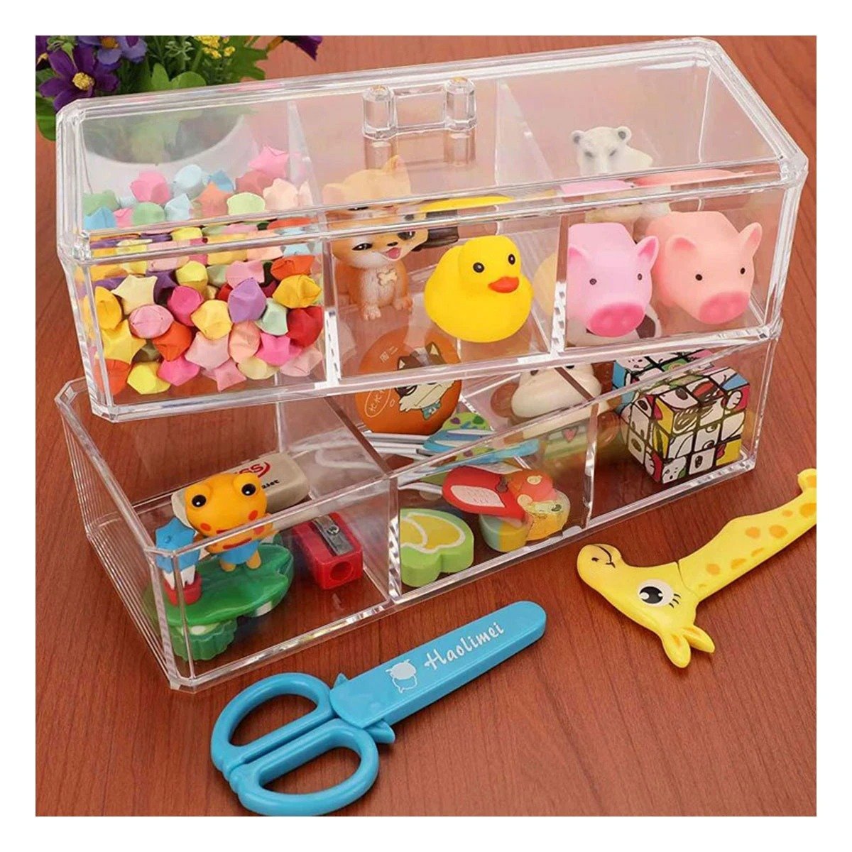 PACK2 CAJA ORGANIZADORA DE ACRILICO 2 PISOS TRANSPARENTE CON 6 COMPARTIMIENTOS Y+REGALO STICKER - 3