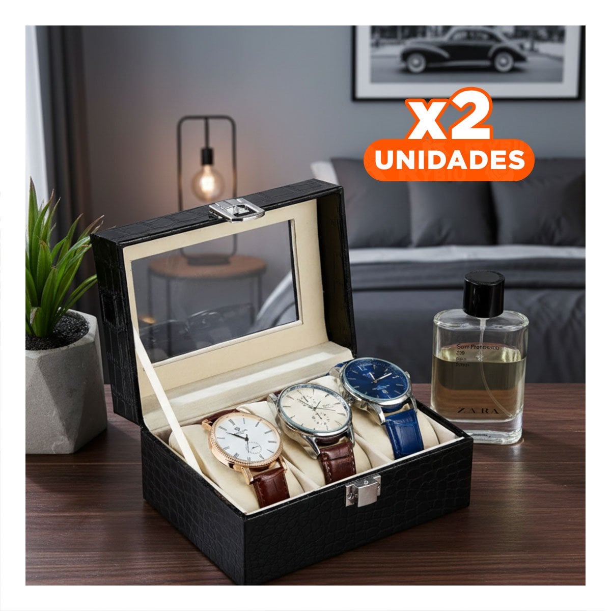 PACK2 EXHIBIDOR ELEGANTE PARA 3 RELOJES NEGRO CON INTERIOR SUAVE Y+REGALO STICKER - 1