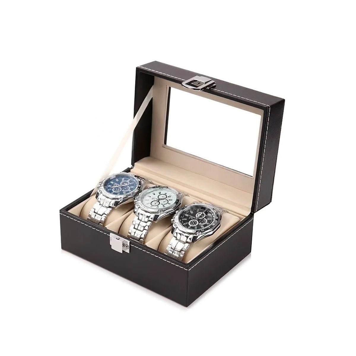 PACK2 EXHIBIDOR ELEGANTE PARA 3 RELOJES NEGRO CON INTERIOR SUAVE Y+REGALO STICKER - 2