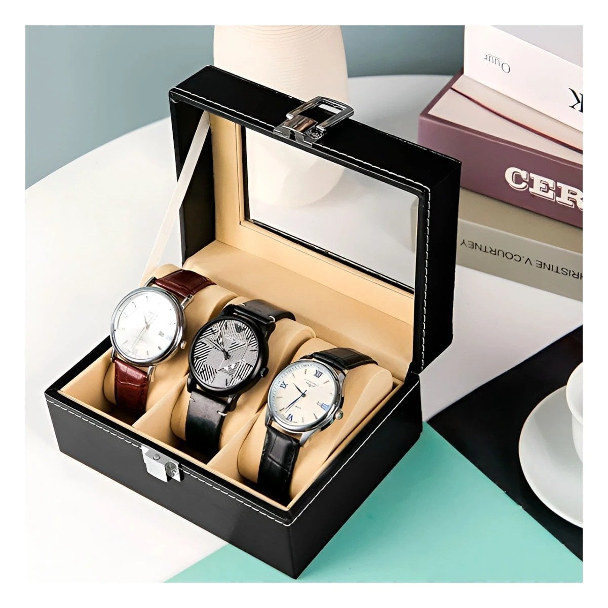 PACK2 EXHIBIDOR ELEGANTE PARA 3 RELOJES NEGRO CON INTERIOR SUAVE Y+REGALO STICKER - 3
