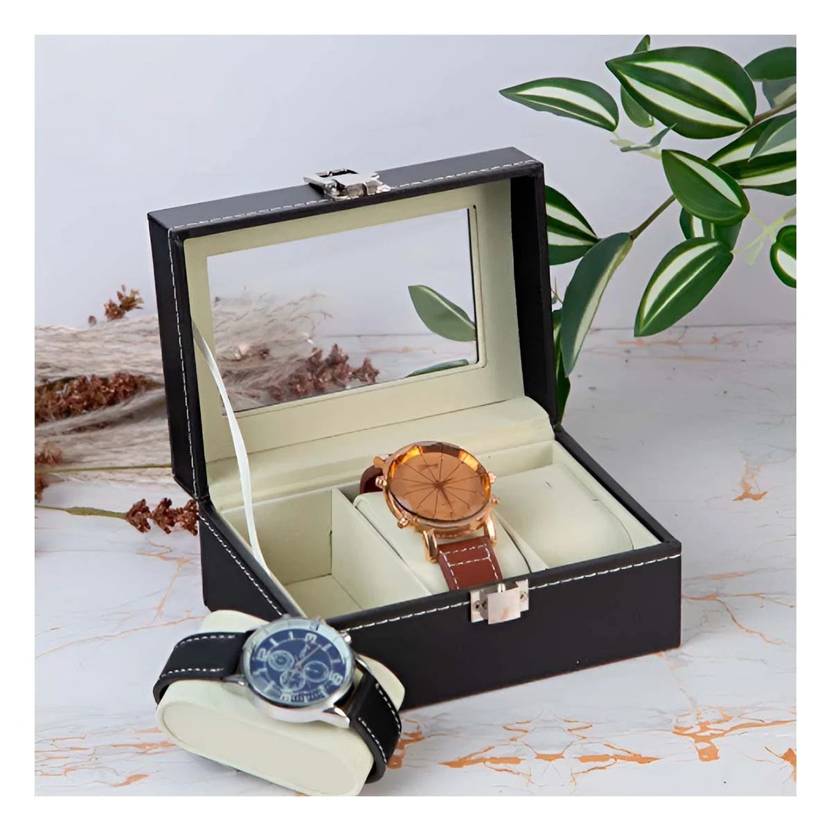 PACK2 EXHIBIDOR ELEGANTE PARA 3 RELOJES NEGRO CON INTERIOR SUAVE Y+REGALO STICKER - 5