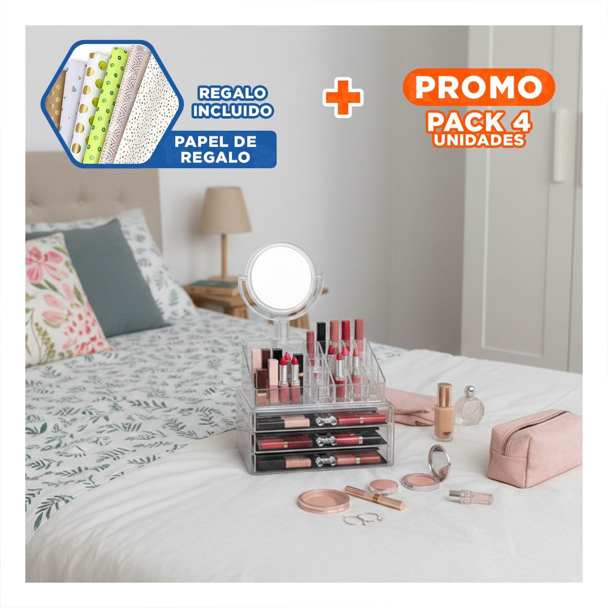 PACK4 MODULO PRACTICO PARA COSMETICOS CON ESPEJO TRANSPARENTE Y+PAPEL REGALO - 1