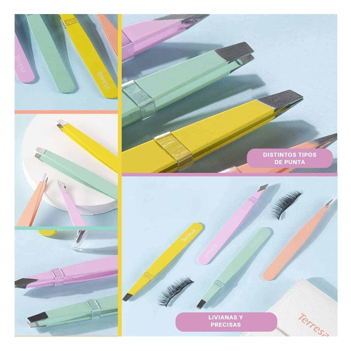 PACK6 PINZAS PROFESIONALES SET DE 4 MULTICOLOR PARA DEPILAR CEJAS Y VELLO FACIAL Y+PAPEL REGALO - 3