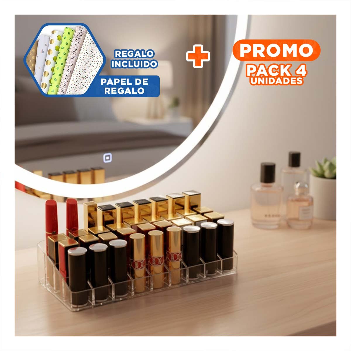 PACK4 CONTENEDOR TRANSPARENTE DE ACRILICO PARA 36 LABIALES Y+PAPEL REGALO - 1