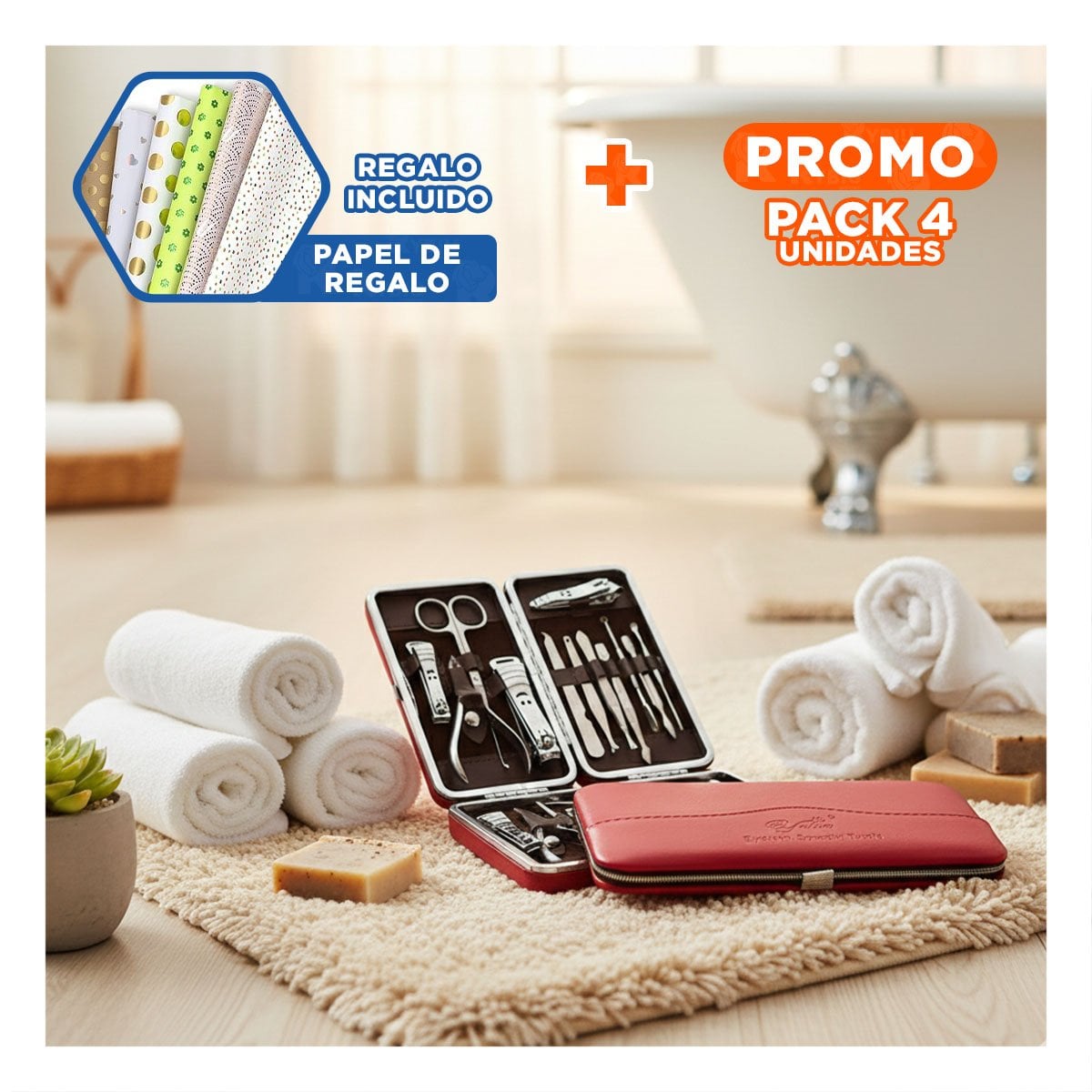 PACK4 MALETIN COMPLETO PARA MANICURE Y PEDICURE 12 PIEZAS ROJO Y+PAPEL REGALO - 1
