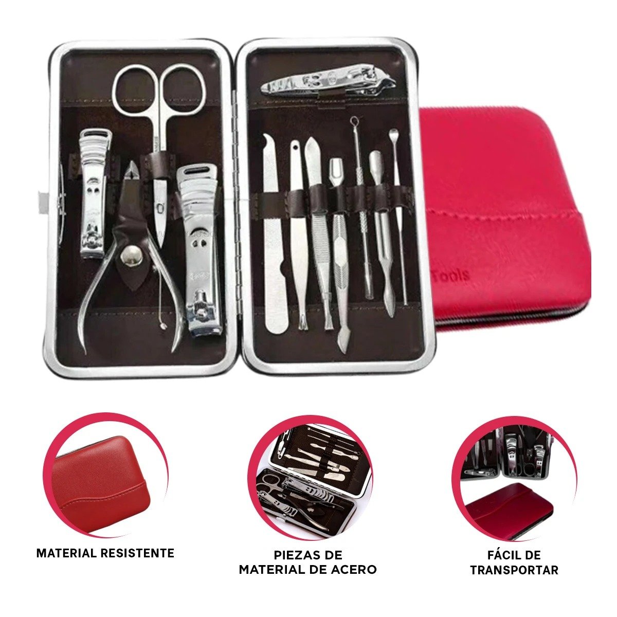 PACK4 MALETIN COMPLETO PARA MANICURE Y PEDICURE 12 PIEZAS ROJO Y+PAPEL REGALO - 3