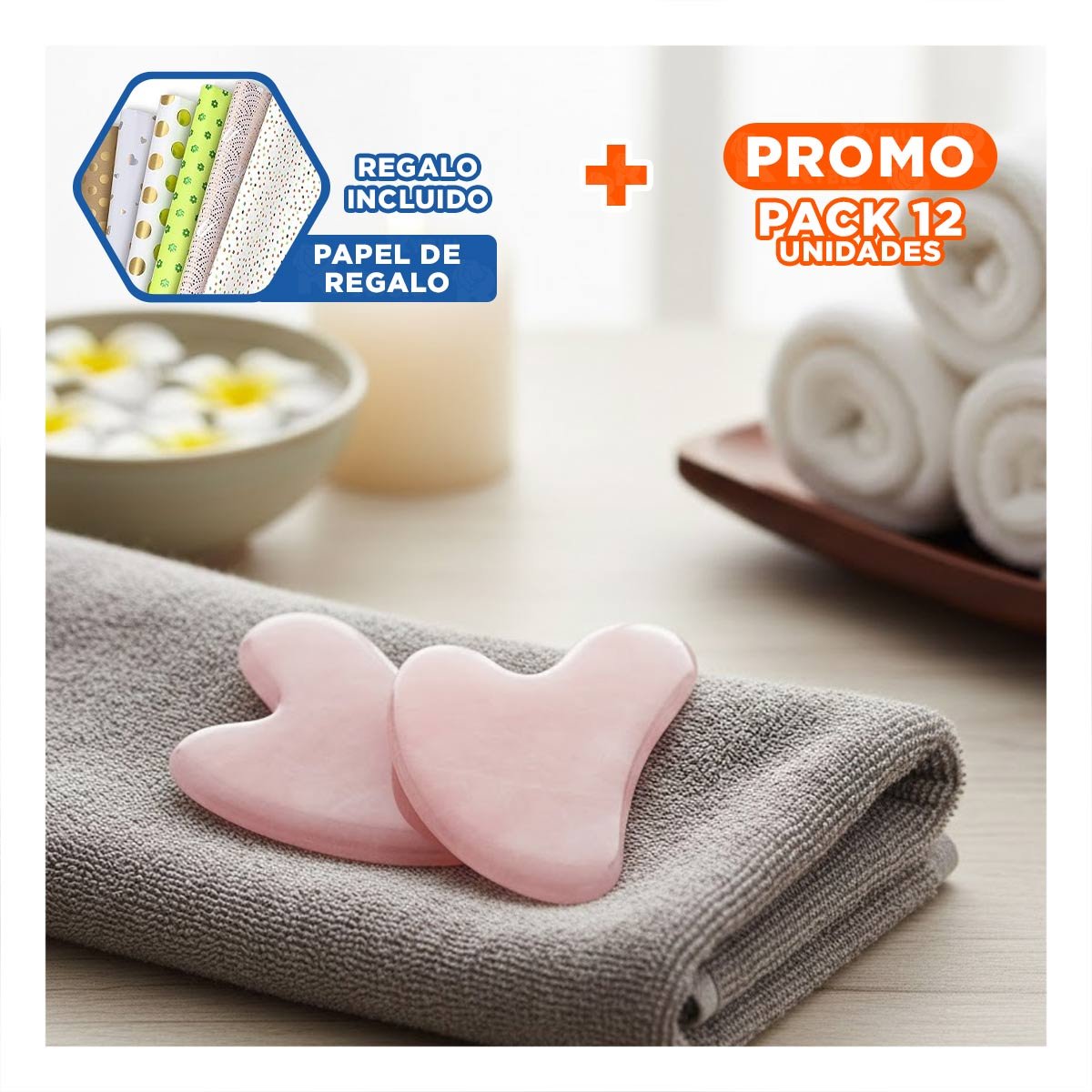 PACK12 PIEDRA ROSADO CLARO PARA MASAJE Y LUMINOSIDAD FACIAL Y+PAPEL REGALO - 1