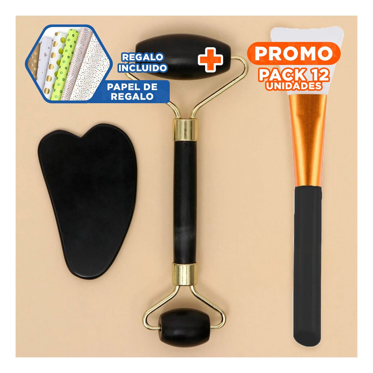 PACK12 INSTRUMENTO DE JADE SET DE 3 NEGRO PARA SUAVIZAR Y TONIFICAR LA PIEL Y+PAPEL REGALO - 1