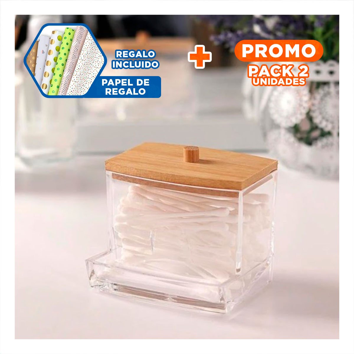 PACK2 RECIPIENTE FUNCIONAL DE ACRILICO PARA ACCESORIOS DE BANO Y+PAPEL REGALO - 1