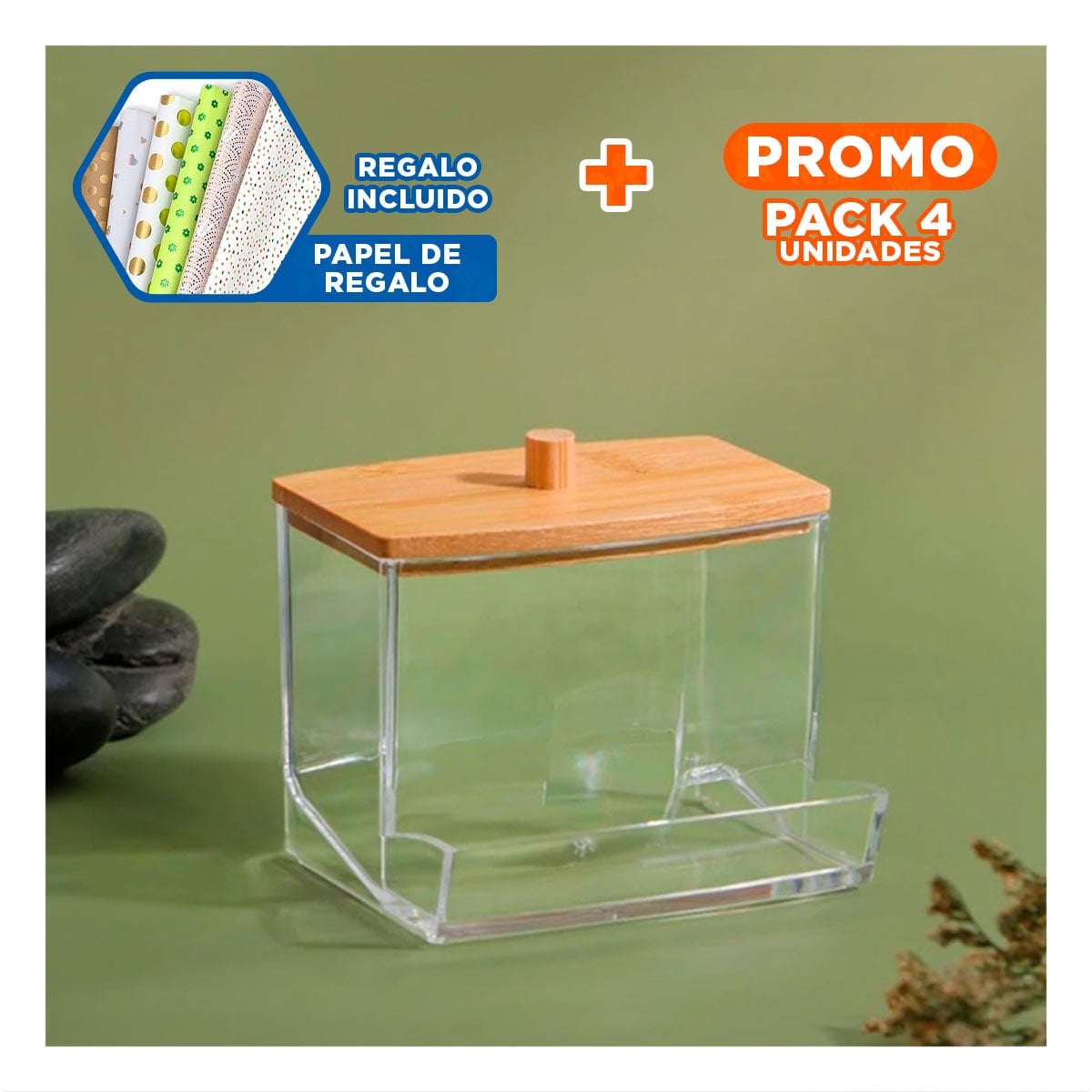 PACK4 FRASCO TRANSPARENTE DE ACRILICO CON TAPA DE MADERA PARA HISOPOS Y+PAPEL REGALO - 1