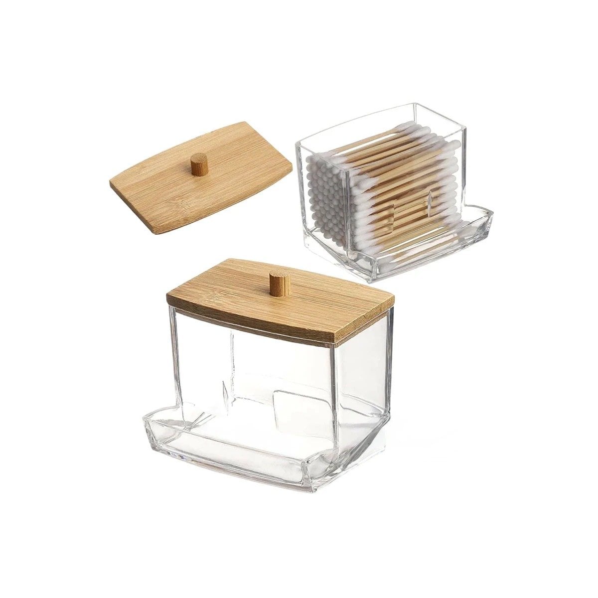 PACK4 FRASCO TRANSPARENTE DE ACRILICO CON TAPA DE MADERA PARA HISOPOS Y+PAPEL REGALO - 3