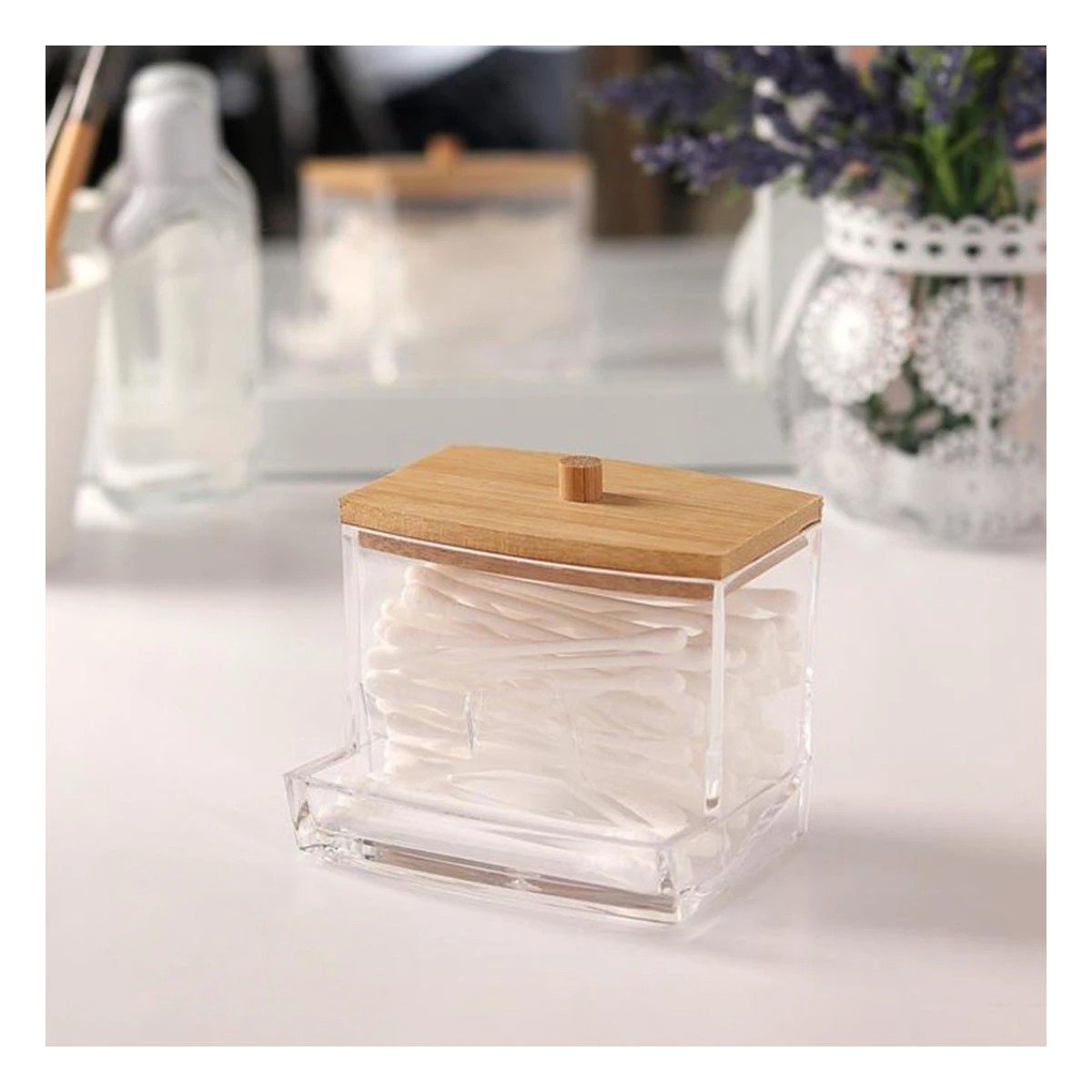 PACK4 FRASCO TRANSPARENTE DE ACRILICO CON TAPA DE MADERA PARA HISOPOS Y+PAPEL REGALO - 5