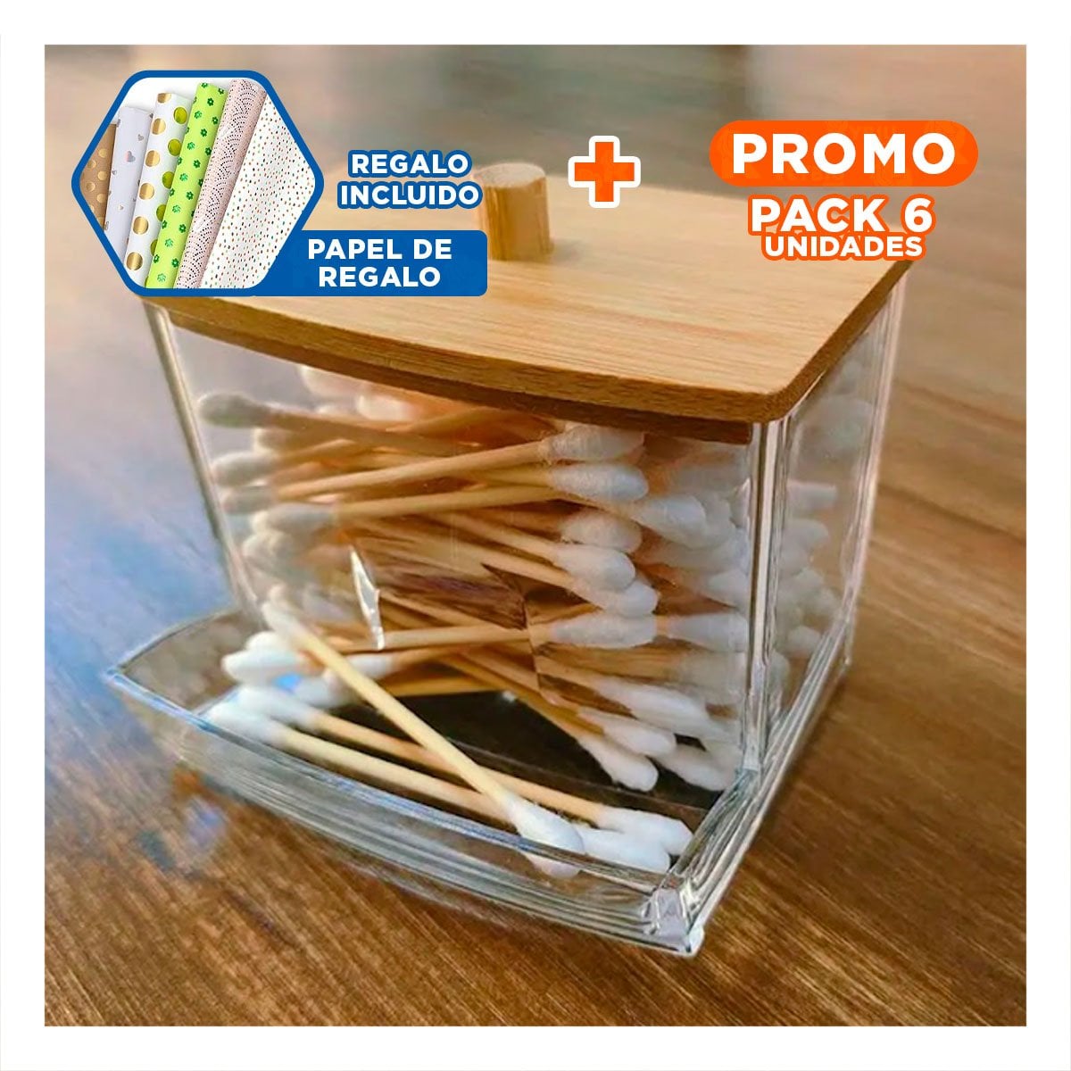 PACK6 PORTA HISOPOS COMPACTO Y DECORATIVO EN ACRILICO Y+PAPEL REGALO - 1