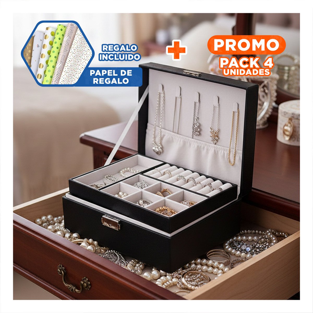 PACK4 PORTA JOYAS COMPACTO 23X17X9 CM NEGRO CON SEGURO Y DIVISIONES Y+PAPEL REGALO - 1