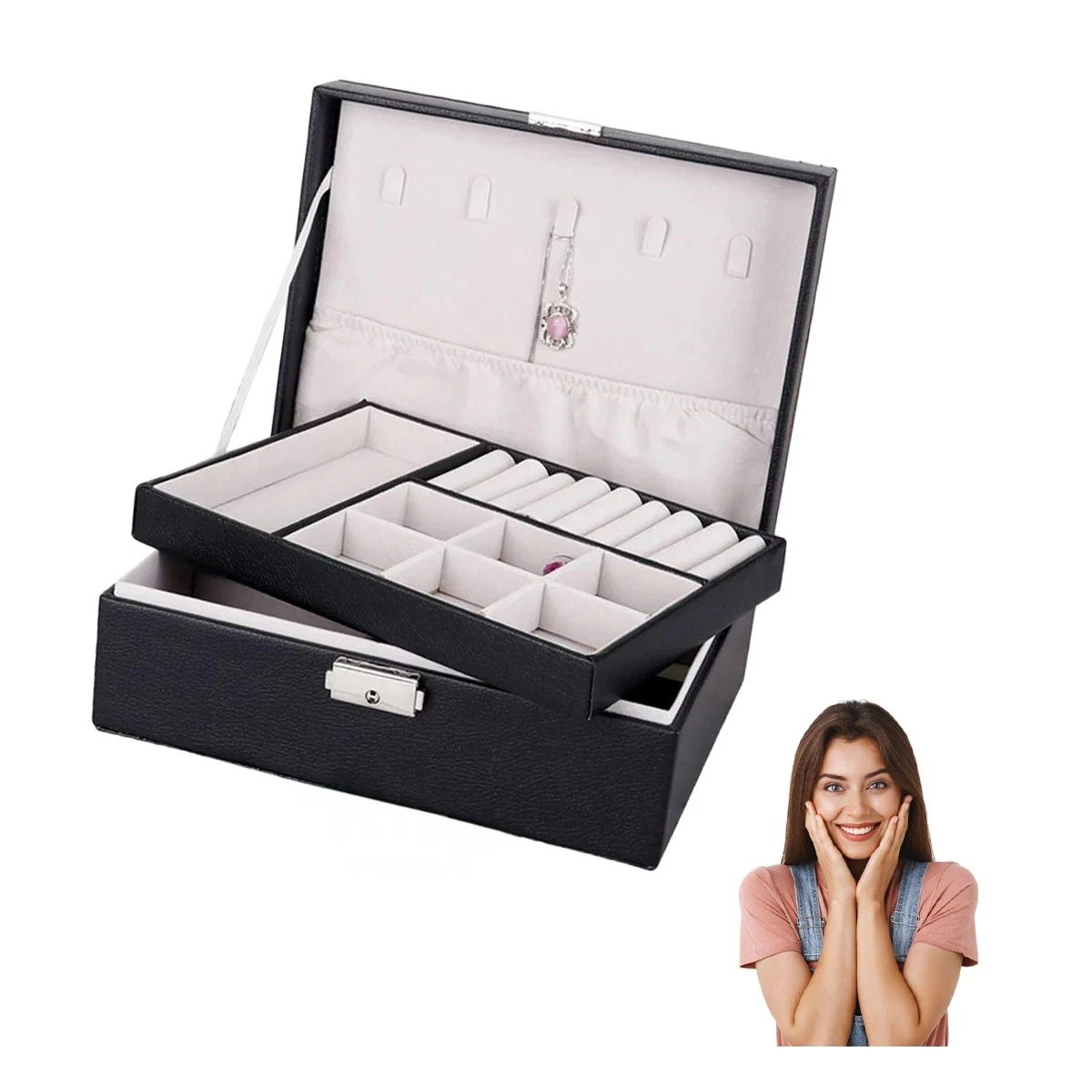 PACK4 PORTA JOYAS COMPACTO 23X17X9 CM NEGRO CON SEGURO Y DIVISIONES Y+PAPEL REGALO - 3