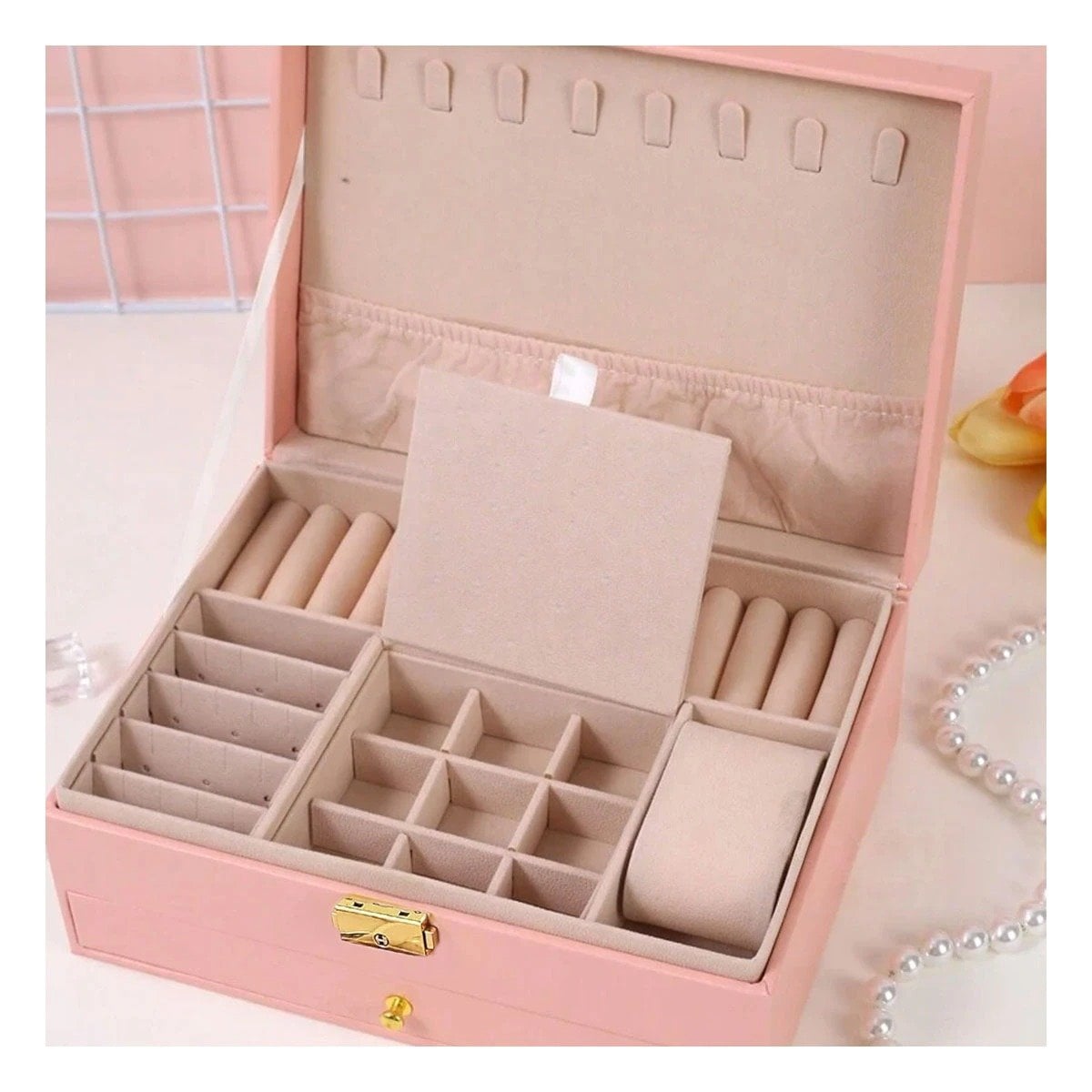 PACK6 COFRE 23X17X10,5 CM ROSADO 2 NIVELES CON CAJON Y LLAVE PARA JOYAS Y+REGALO STICKER - 3