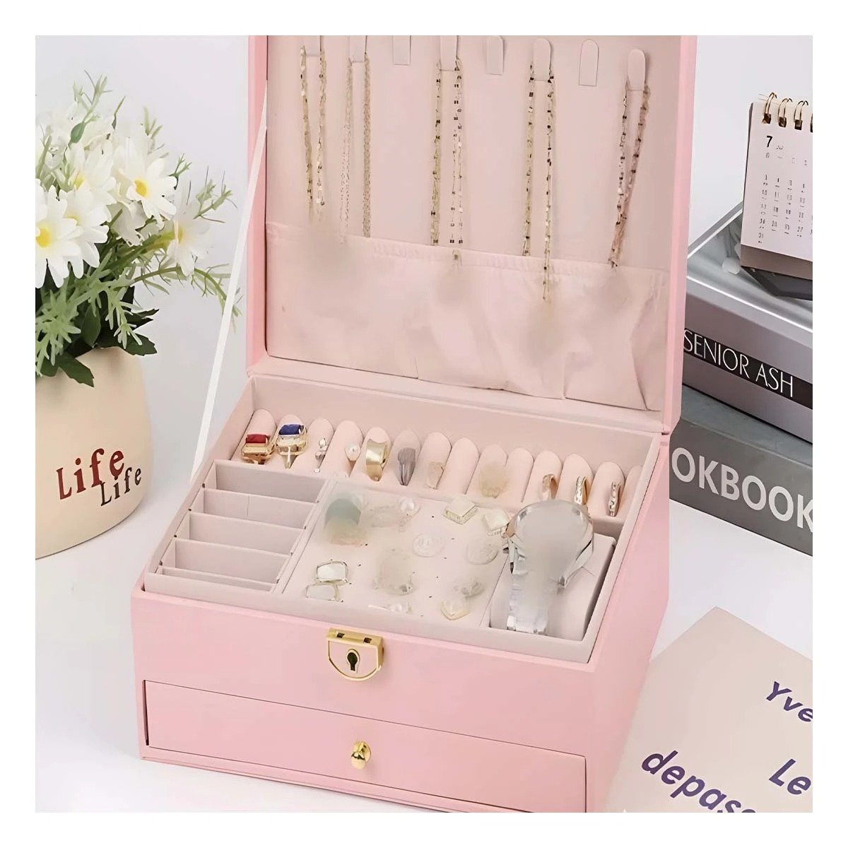 PACK6 COFRE 23X17X10,5 CM ROSADO 2 NIVELES CON CAJON Y LLAVE PARA JOYAS Y+REGALO STICKER - 5