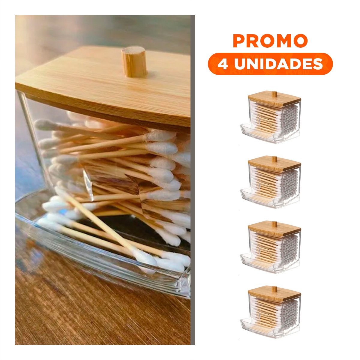 PACK4 PORTA HISOPOS TRANSPARENTE CON TAPA DE MADERA PARA BANO Y+REGALO STICKER - 1
