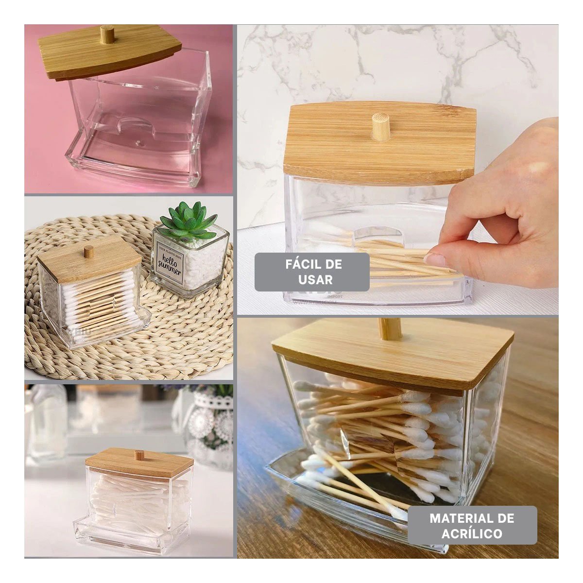 PACK4 PORTA HISOPOS TRANSPARENTE CON TAPA DE MADERA PARA BANO Y+REGALO STICKER - 2