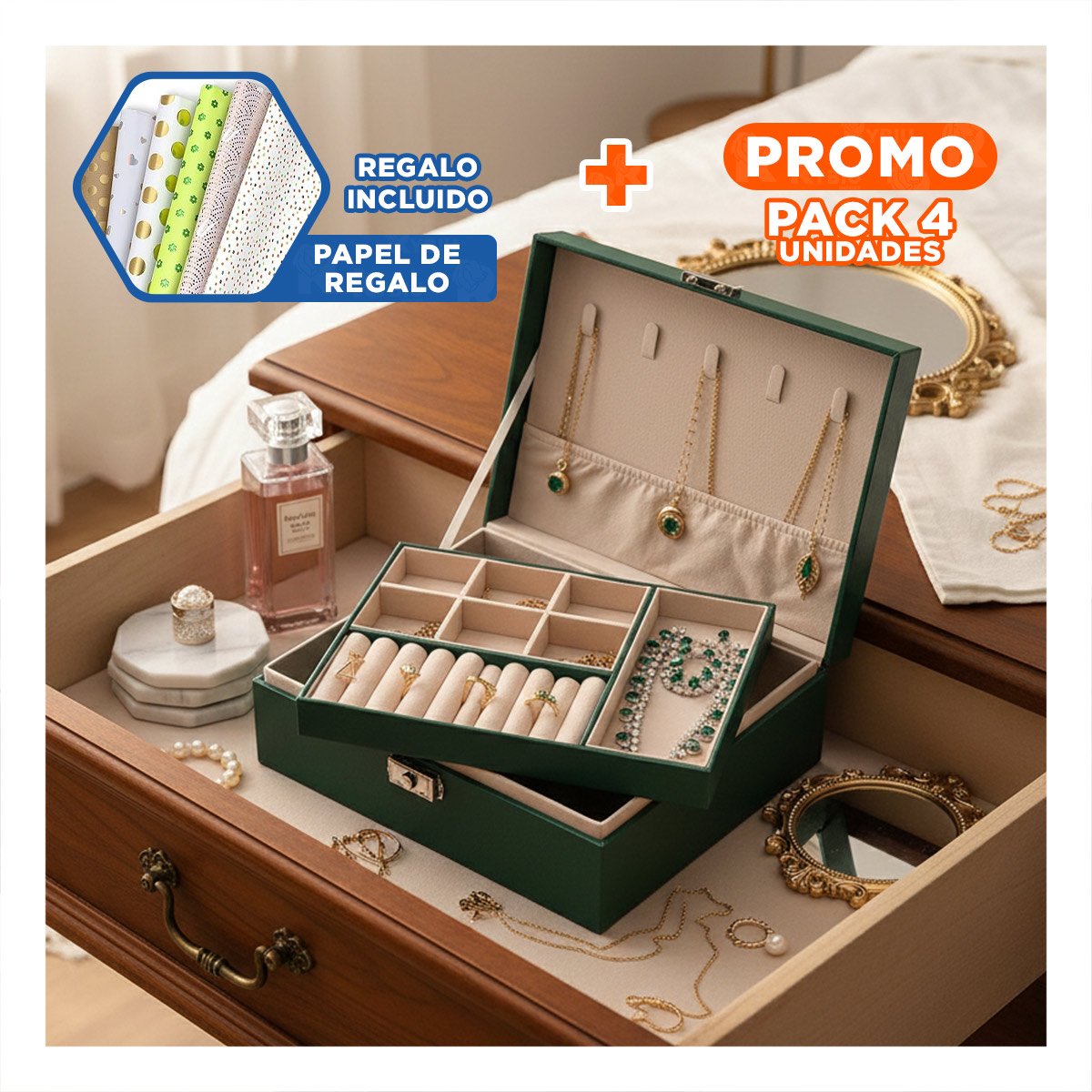PACK4 COFRE PRACTICO 23X17X9 CM VERDE 2 NIVELES CON DIVISIONES Y+PAPEL REGALO - 1