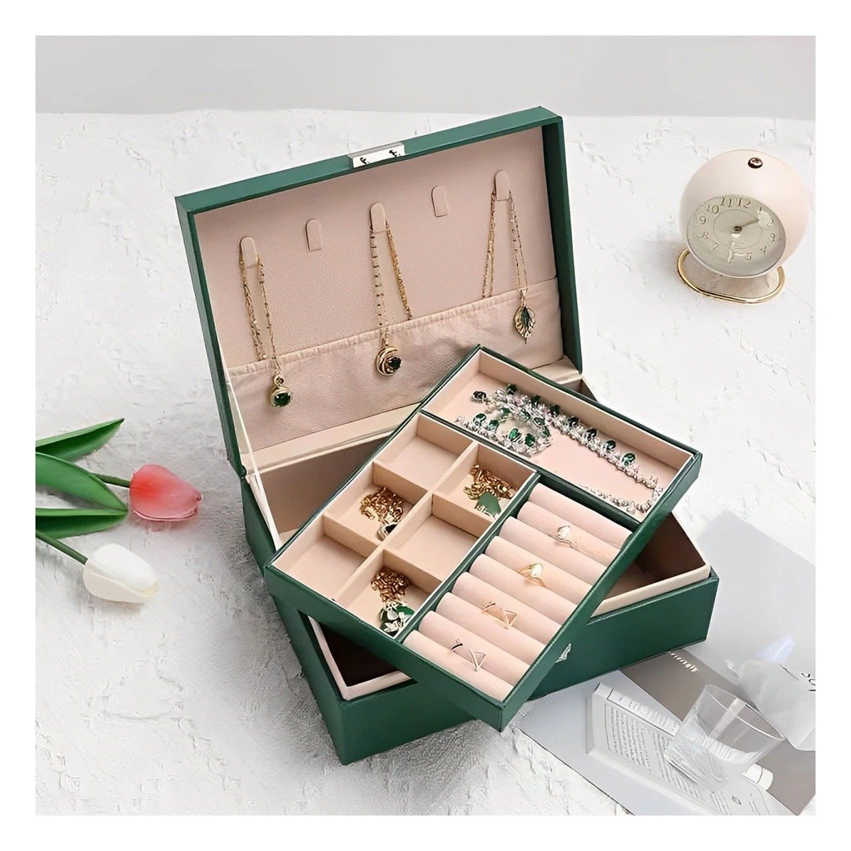 PACK4 COFRE PRACTICO 23X17X9 CM VERDE 2 NIVELES CON DIVISIONES Y+PAPEL REGALO - 2