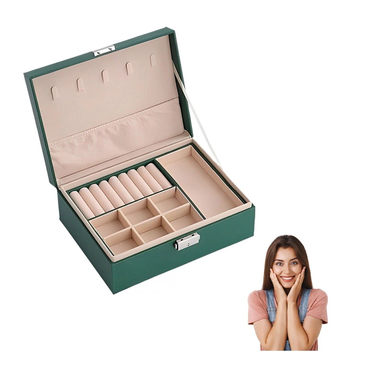 PACK4 COFRE PRACTICO 23X17X9 CM VERDE 2 NIVELES CON DIVISIONES Y+PAPEL REGALO - 3