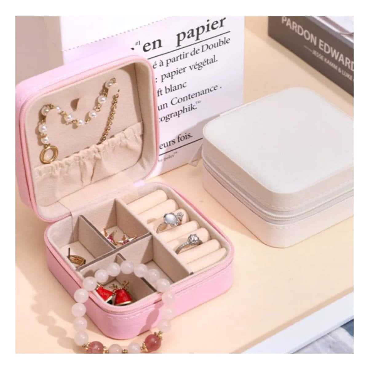 PACK4 CAJA ROSADO CLARO MINI JOYERO PORTATIL PARA MUJER Y+REGALO STICKER - 3