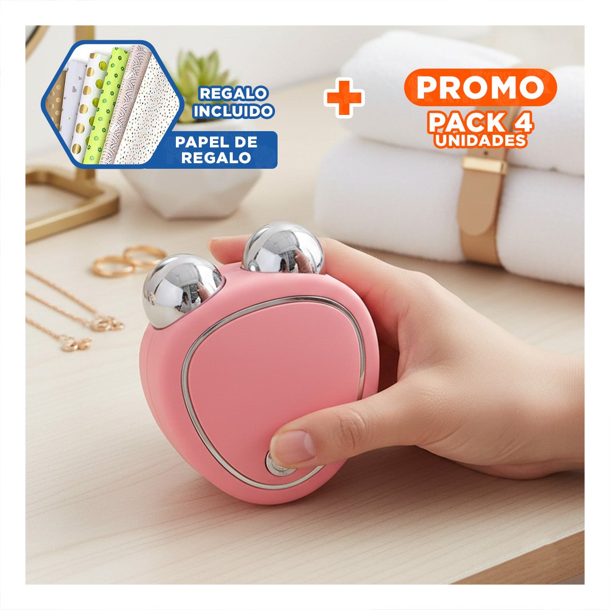 PACK4 TERAPIA FACIAL PORTATIL TRIANGULO DE DOBLE RODILLO ROSADO PARA SUAVIDAD Y+PAPEL REGALO - 1