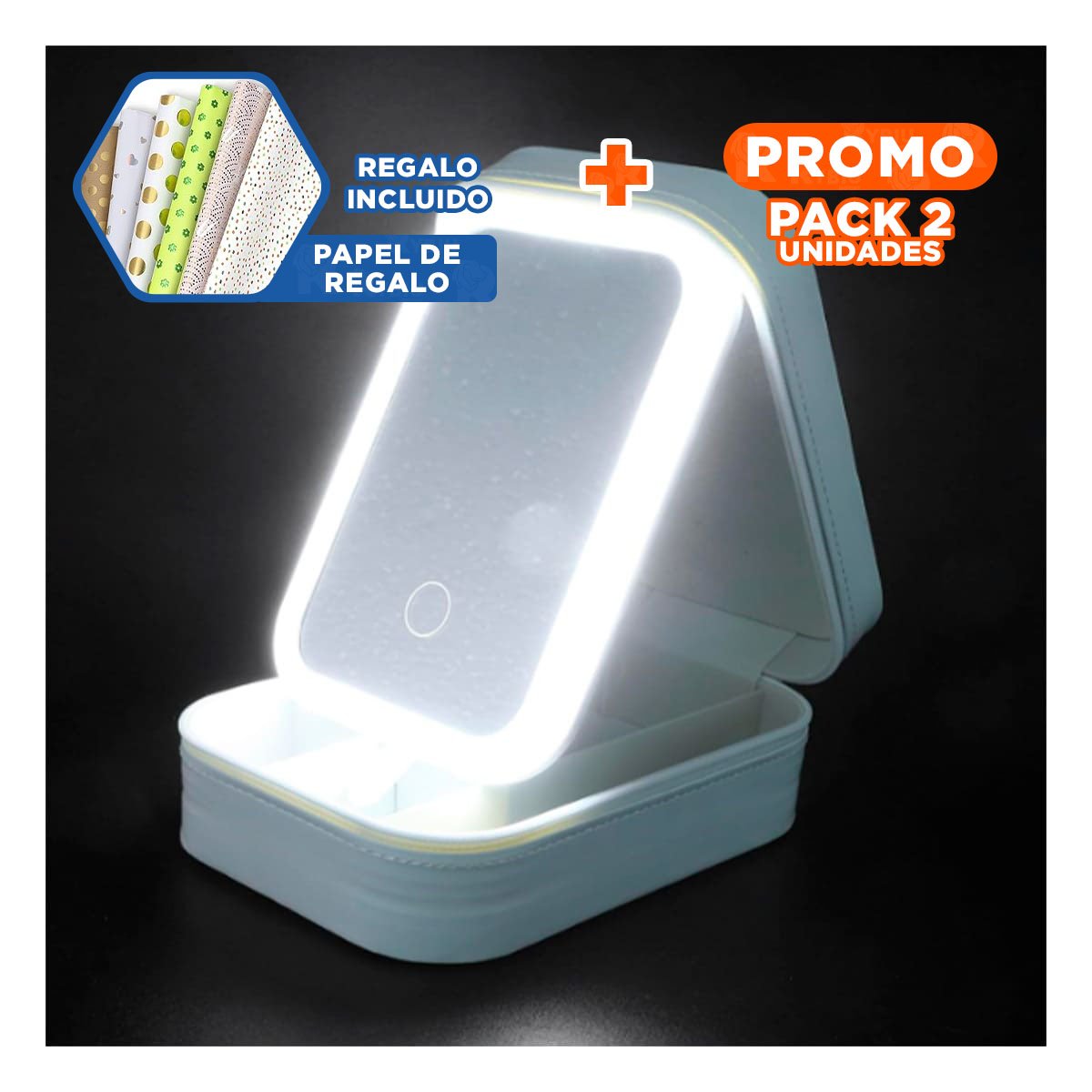 PACK2 CONTENEDOR 11,5X16,5X6CM BLANCO CON LED Y ESPEJO ORGANIZA TUS JOYAS Y+PAPEL REGALO - 1