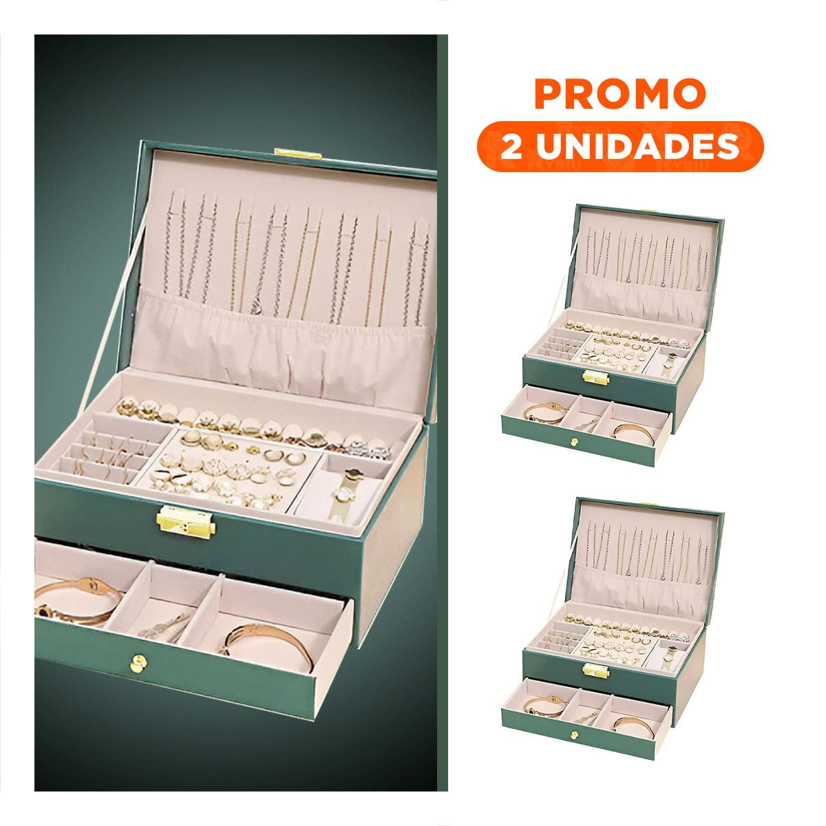 PACK2 ALHAJERO FUNCIONAL 23X17X10,5CM VERDE 2 NIVELES CON CAJON Y LLAVE PARA REGALO - 1