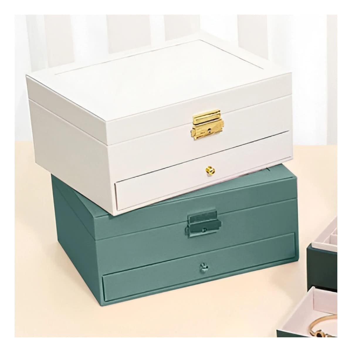 PACK2 ALHAJERO FUNCIONAL 23X17X10,5CM VERDE 2 NIVELES CON CAJON Y LLAVE PARA REGALO - 3