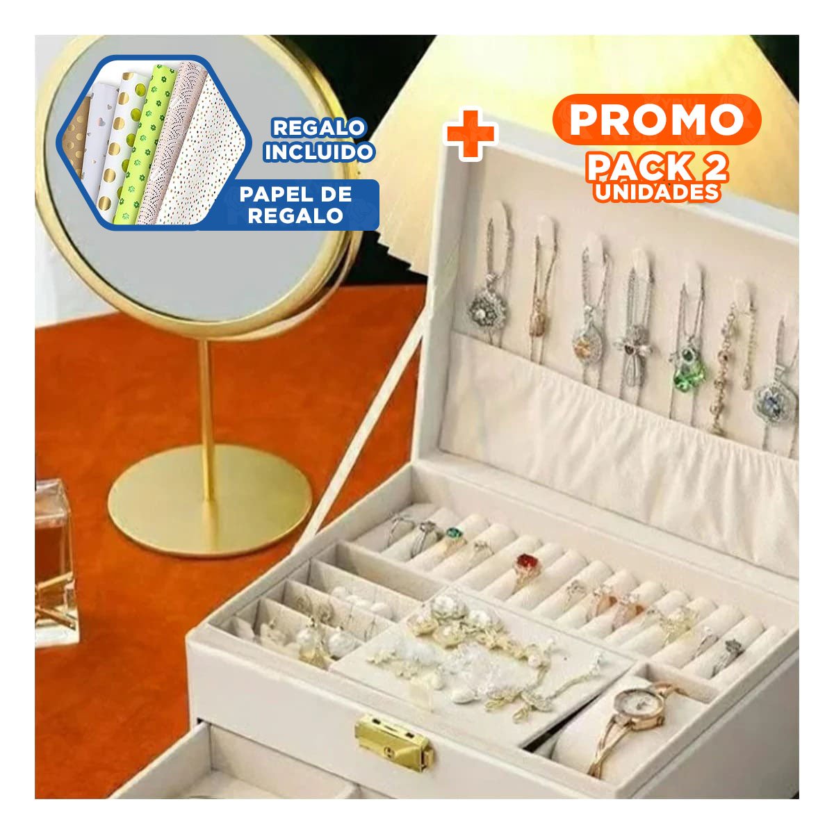 PACK2 CAJA 23X17X10,5CM BLANCA 2 NIVELES CON CAJON Y LLAVE PARA GUARDAR JOYAS Y+PAPEL REGALO - 1