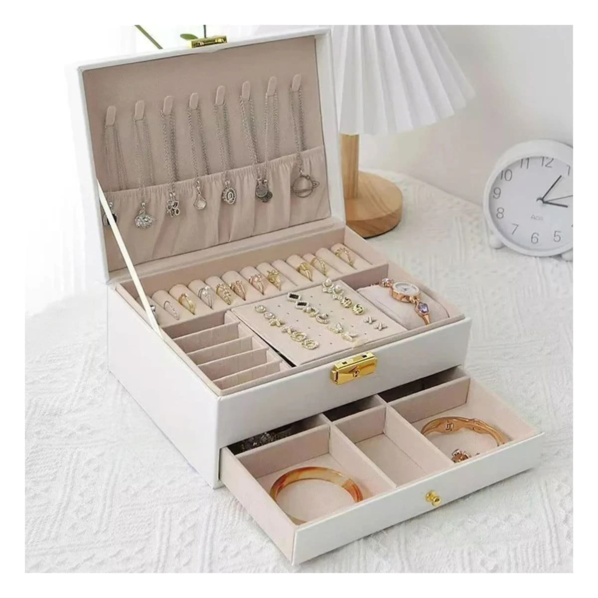 PACK2 CAJA 23X17X10,5CM BLANCA 2 NIVELES CON CAJON Y LLAVE PARA GUARDAR JOYAS Y+PAPEL REGALO - 2