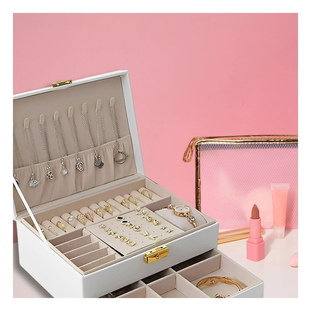PACK2 CAJA 23X17X10,5CM BLANCA 2 NIVELES CON CAJON Y LLAVE PARA GUARDAR JOYAS Y+PAPEL REGALO - 5