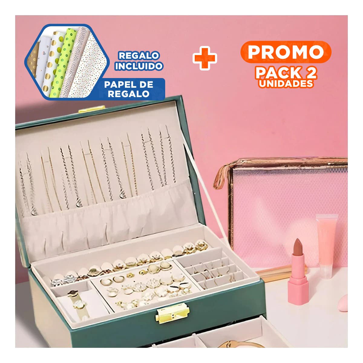 PACK2 CAJA 23X17X10,5CM VERDE 2 NIVELES CON CAJON Y LLAVE PARA GUARDAR JOYAS Y+PAPEL REGALO - 1