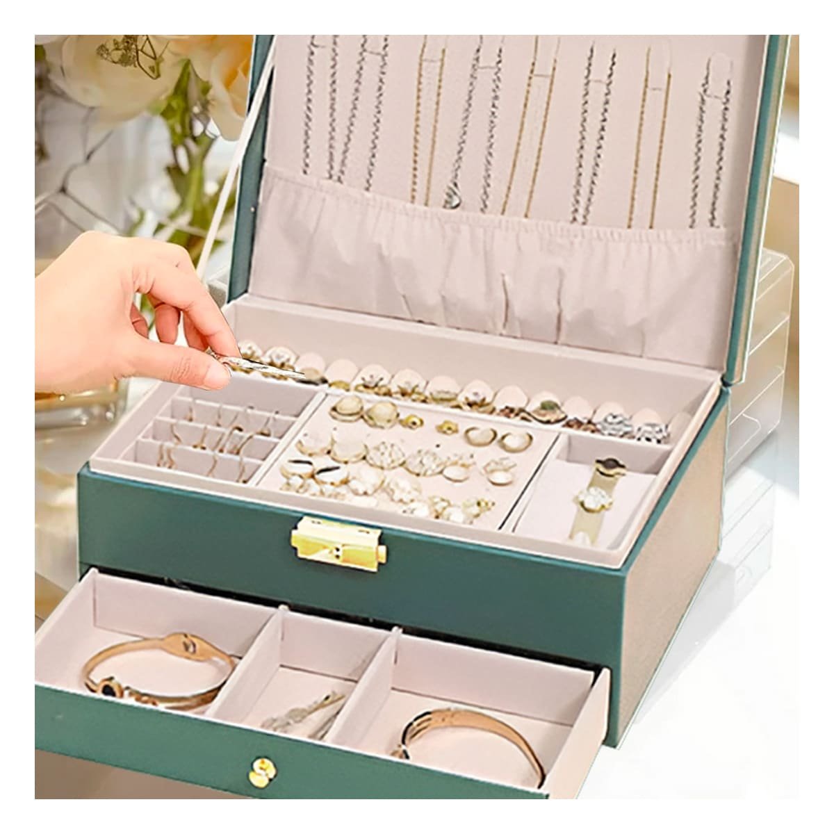 PACK2 CAJA 23X17X10,5CM VERDE 2 NIVELES CON CAJON Y LLAVE PARA GUARDAR JOYAS Y+PAPEL REGALO - 2