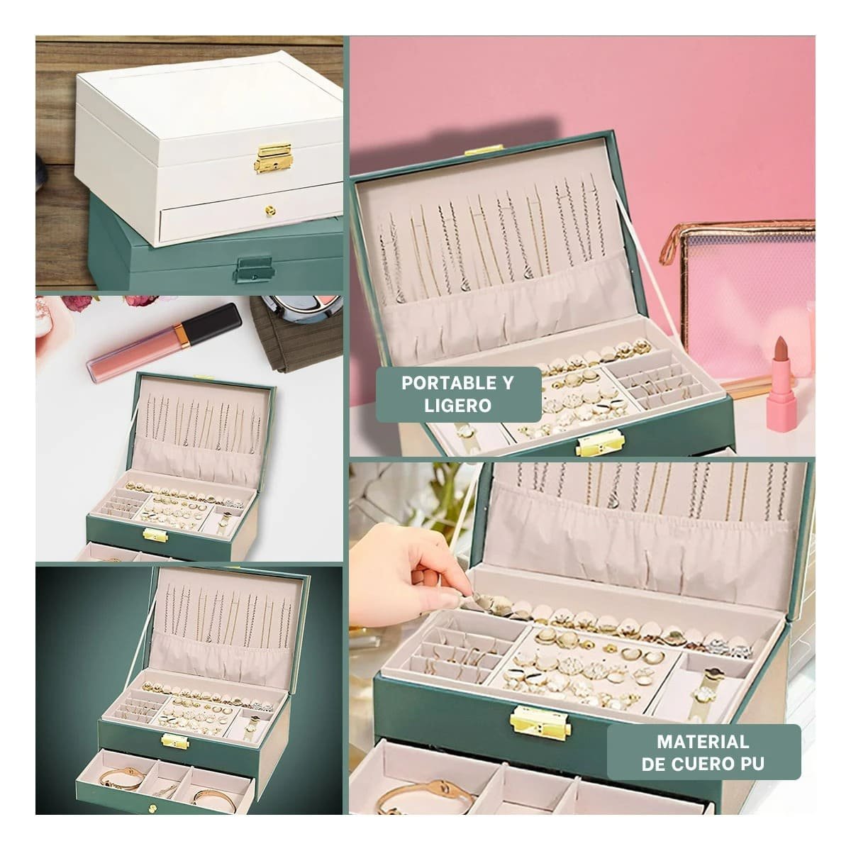 PACK2 CAJA 23X17X10,5CM VERDE 2 NIVELES CON CAJON Y LLAVE PARA GUARDAR JOYAS Y+PAPEL REGALO - 3