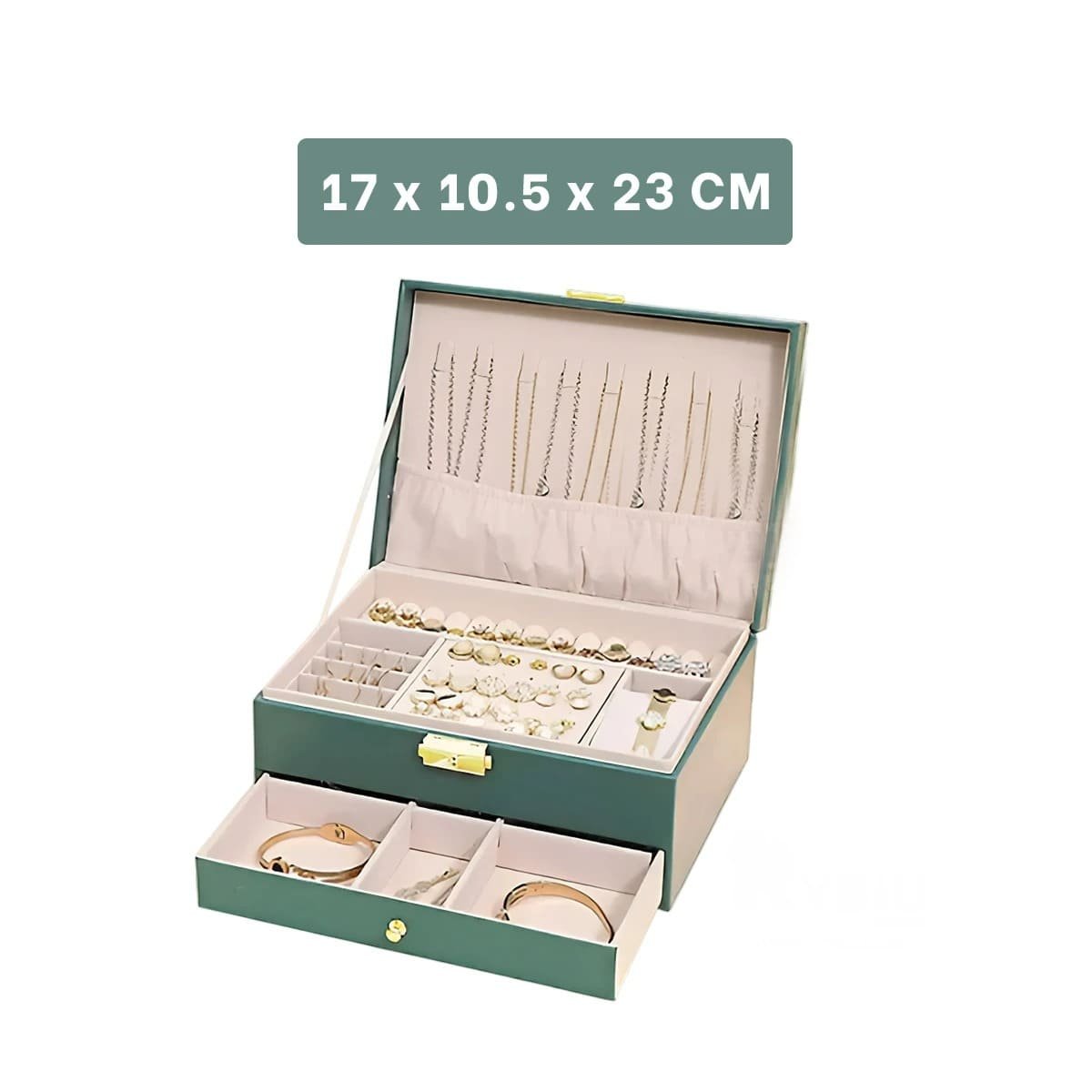 PACK2 CAJA 23X17X10,5CM VERDE 2 NIVELES CON CAJON Y LLAVE PARA GUARDAR JOYAS Y+PAPEL REGALO - 4