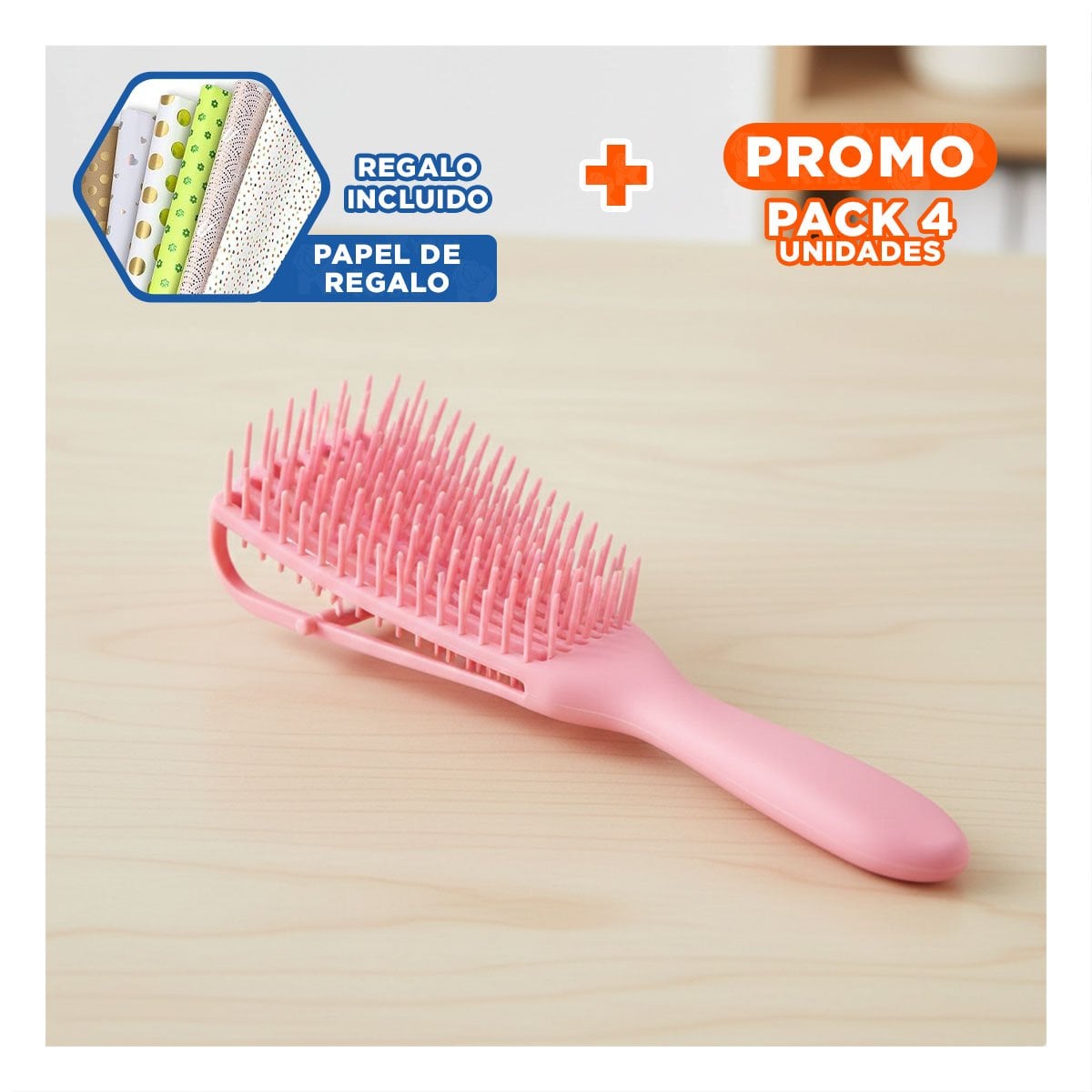 PACK4 CEPILLO SUAVE DESENREDANTE ROSADO PARA CABELLO DIARIO Y+PAPEL REGALO - 1