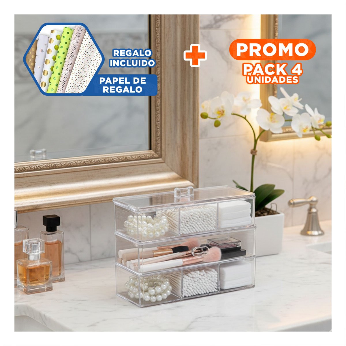 PACK4 MODULO TRANSPARENTE DE ACRILICO 3 PISOS CON 6 DIVISIONES Y+PAPEL REGALO - 1
