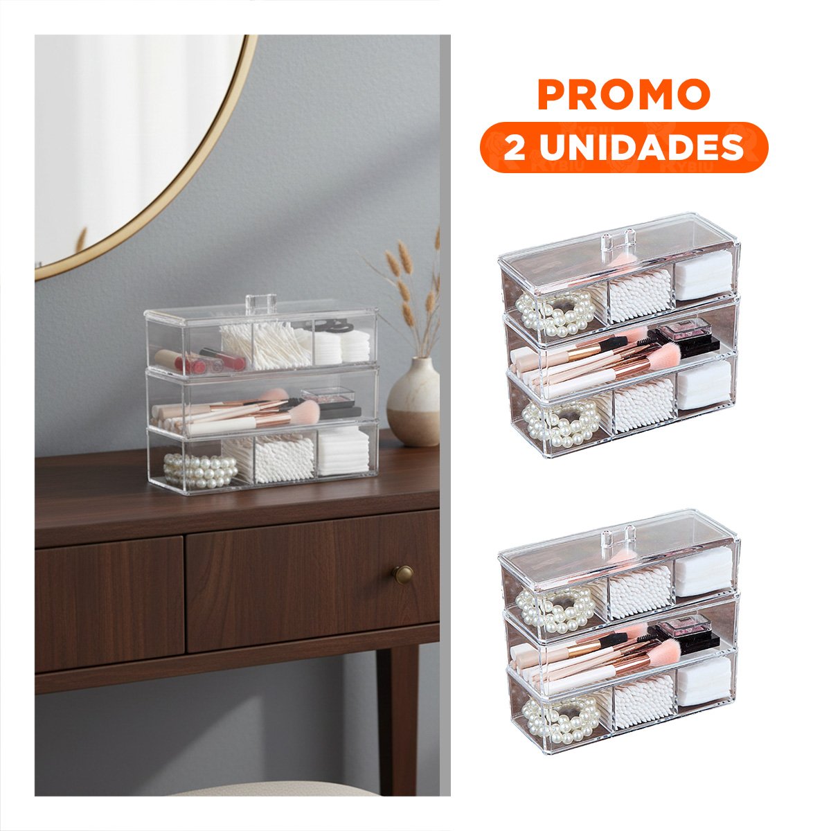 PACK2 ORGANIZADOR TRANSPARENTE DE ACRILICO 3 PISOS CON 6 DIVISIONES - 1