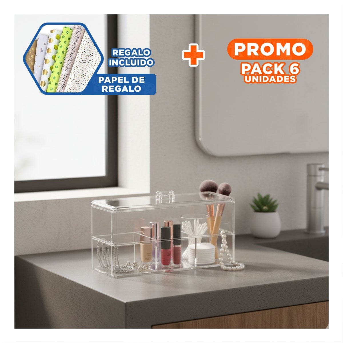 PACK6 ESTRUCTURA TRANSPARENTE DE ACRILICO 2 PISOS CON 3 DIVISIONES Y+PAPEL REGALO - 1