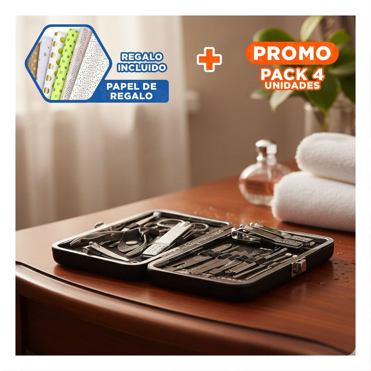 PACK4 JUEGO NEGRO DE MANICURE Y PEDICURE 16 PIEZAS Y+PAPEL REGALO - 1