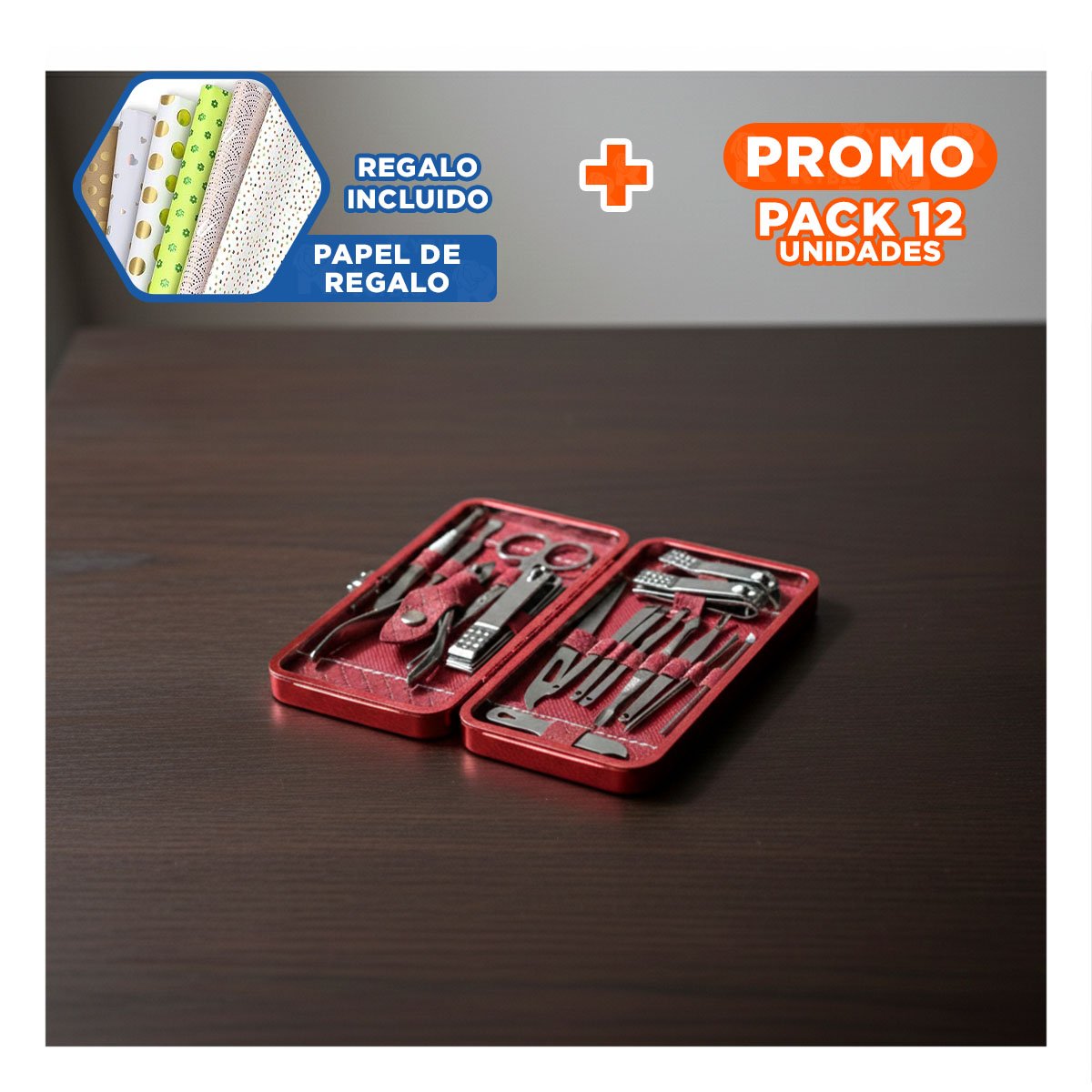 PACK12 MODELO GUINDA DE MANICURE Y PEDICURE 16 PIEZAS Y+PAPEL REGALO - 1