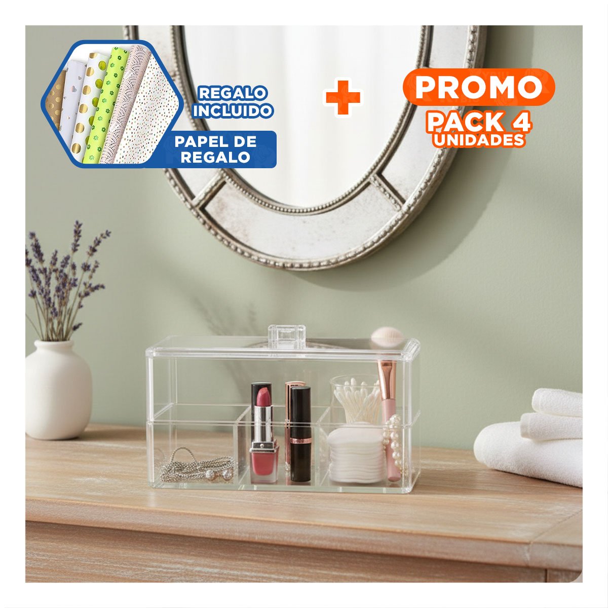 PACK4 MODULO TRANSPARENTE DE ACRILICO 2 PISOS CON 3 DIVISIONES Y+PAPEL REGALO - 1