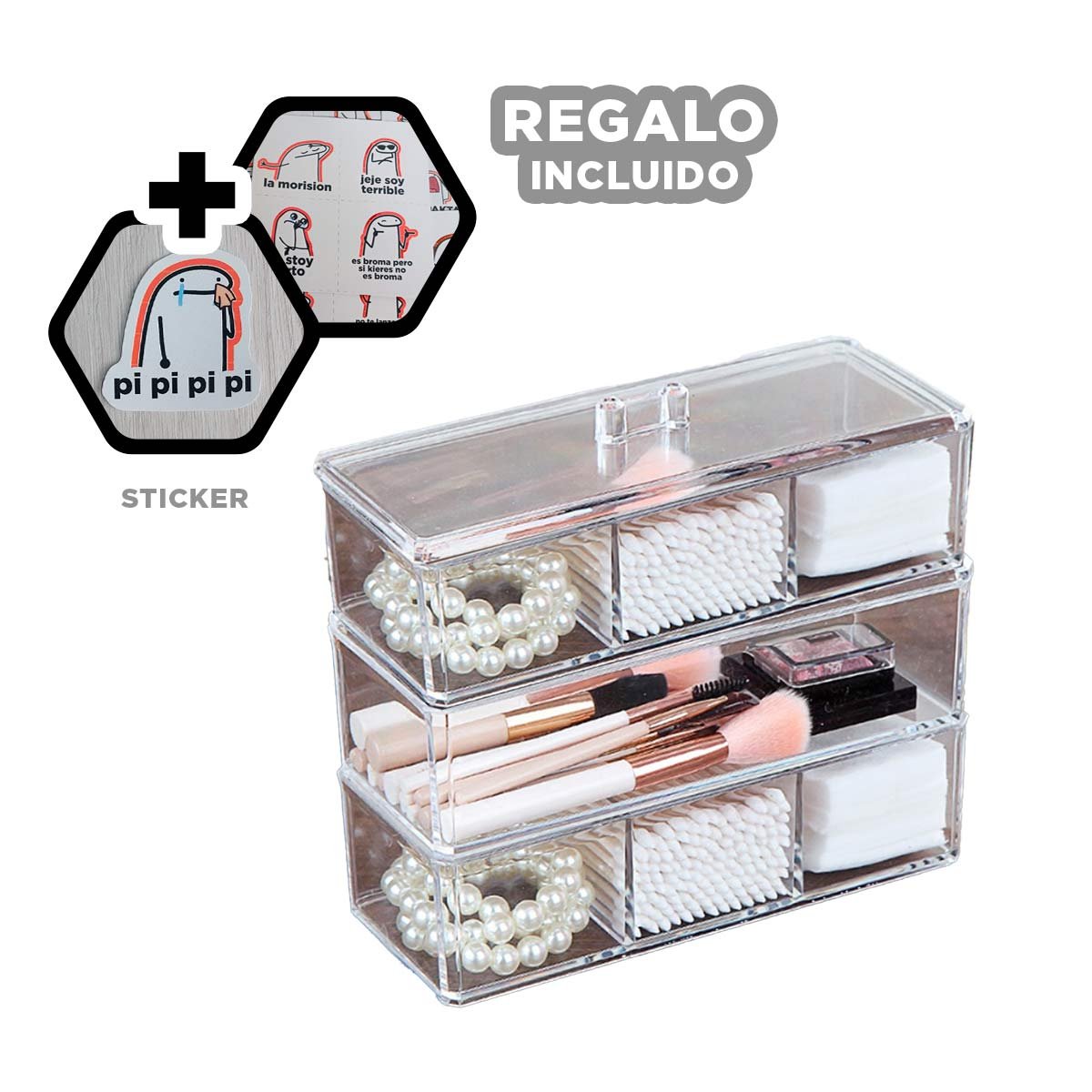 UNIDAD DE ACRILICO 3 PISOS CON 6 DIVISIONES TRANSPARENTE Y+REGALO STICKER - 1