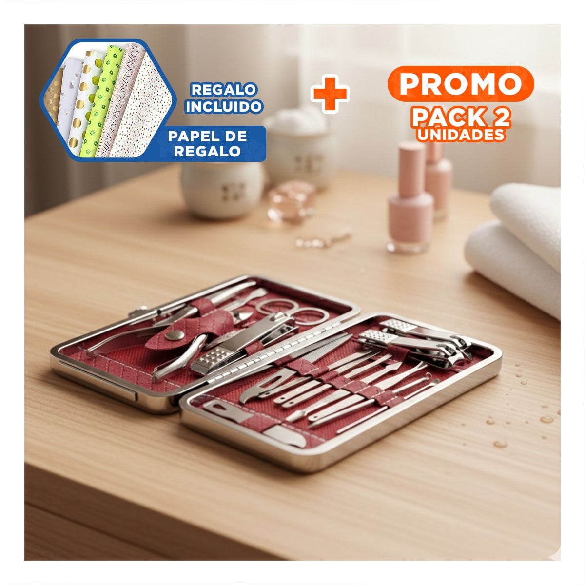 PACK2 SET DE COLOR GUINDA DE MANICURE Y PEDICURE 16 PIEZAS Y+PAPEL REGALO - 1