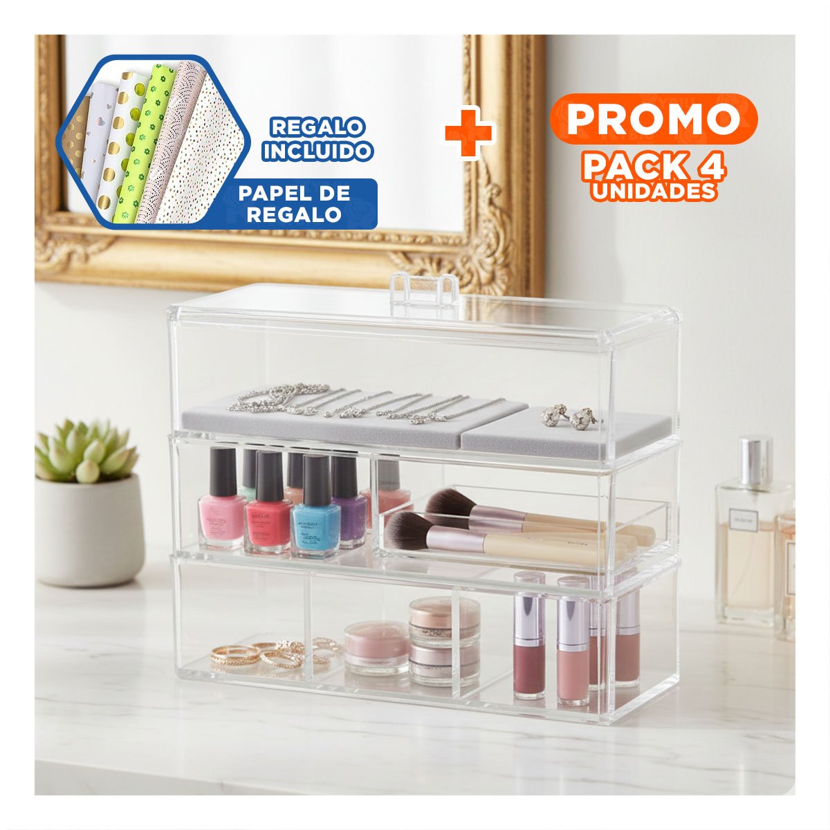 PACK4 MODULO TRANSPARENTE DE ACRILICO 3 PISOS CON 3 DIVISIONES Y+PAPEL REGALO - 1