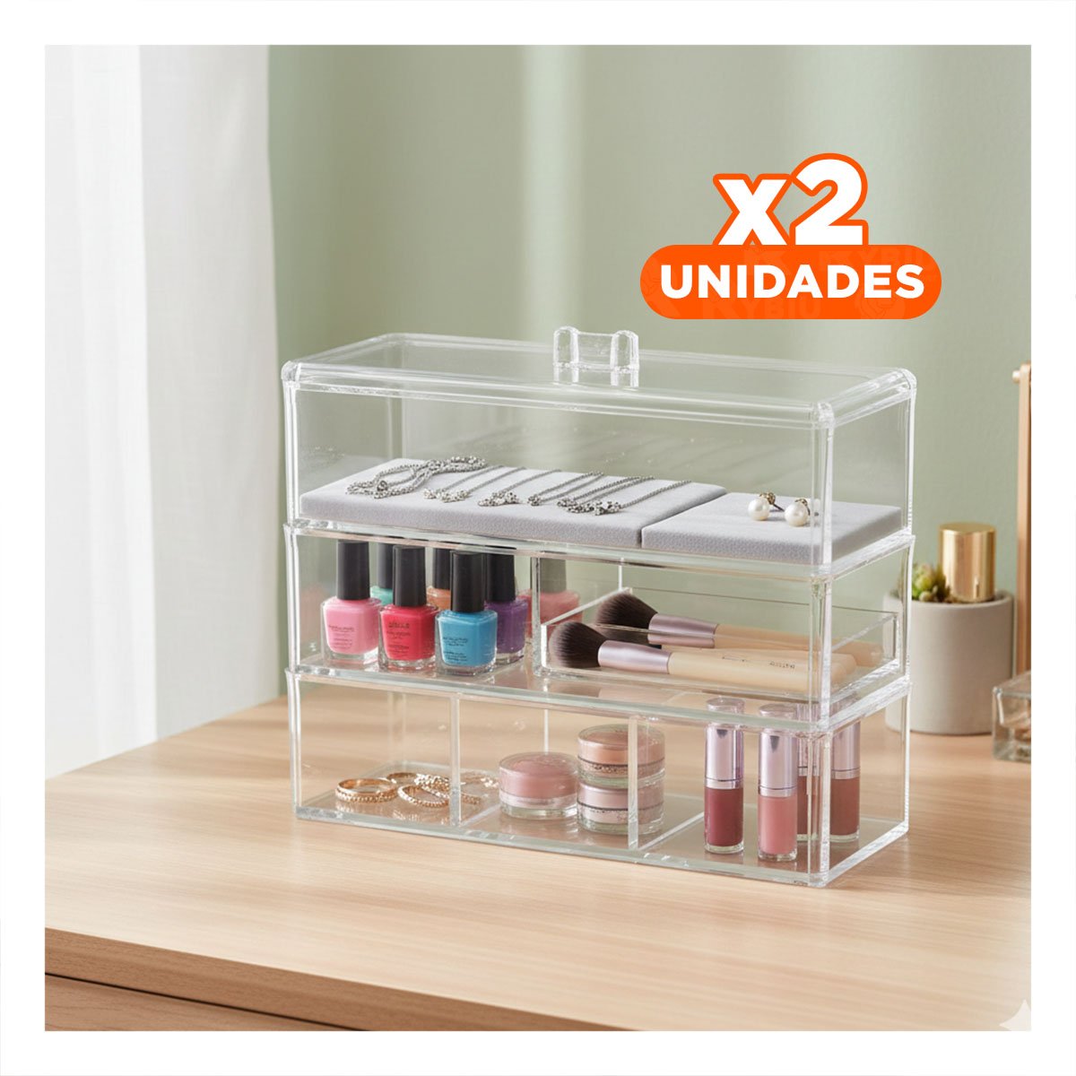 PACK2 CONTENEDOR TRANSPARENTE DE ACRILICO 3 PISOS CON 3 DIVISIONES Y+REGALO STICKER - 1